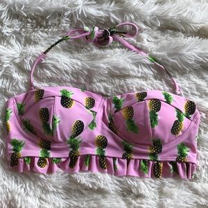Pink ruffle pineapple print bikini swim top